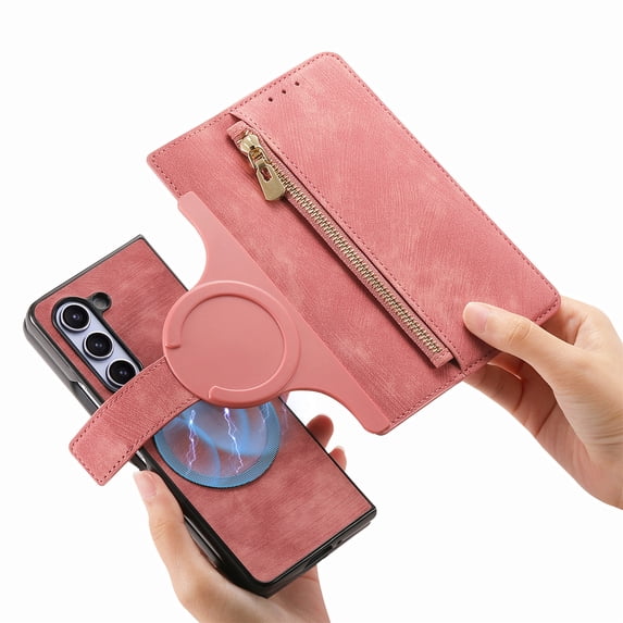 Dteck for Galaxy Z Fold 3 Wallet Case, 2 In 1 Detachable Wallet Zipper Card Holder RFID Blocking PU Leather Magnetic Phone Cover for Samsung Galaxy Z Fold3 5G, Pink