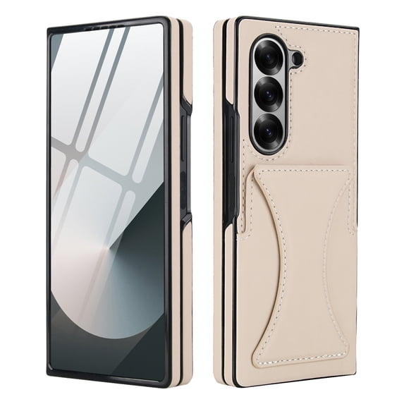 Dteck for Galaxy Z Fold 4 Case with Card Holder & Invisible Stand, Built-in Tempered Glass Screen Protector, PU Leather Full-Body Protection Anti-Slip Case for Samsung Galaxy Z Fold 4,Beige