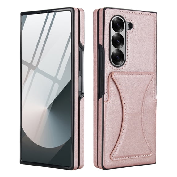 Dteck for Galaxy Z Fold 4 Case with Card Holder & Invisible Stand, Built-in Tempered Glass Screen Protector, PU Leather Full-Body Protection Anti-Slip Case for Samsung Galaxy Z Fold 4,Rosegold