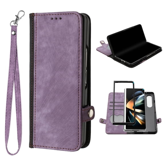 Dteck Galaxy Z Fold 4 Case, Z Fold4 5G Case Wallet for Women Men, Slim PU Leather Magnetic Flip Closure Wrist Strap Card Holder Wallet Case for Samsung Galaxy Z Fold4,Purple
