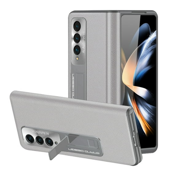 Dteck for Galaxy Z Fold 4 Case with Screen Protector, Metal Kicksrand Case with Magnetic Hinge Protection, PU Leather Hard PC Protective Case for Samsung Galaxy Z Fold 4 5G 2022,White
