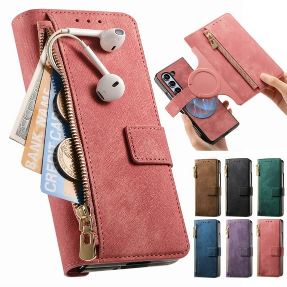 Dteck for Galaxy Z Fold 4 Wallet Case, 2 In 1 Detachable Wallet Zipper Card Holder RFID Blocking PU Leather Magnetic Phone Cover, Z Fold4 5G Case Compatible with MagSafe,Pink