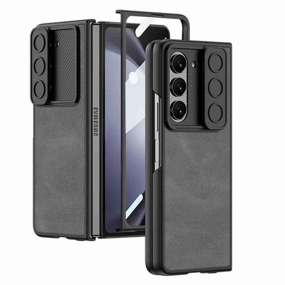 Dteck for Galaxy Z Fold 5 5G Case with Built in Screen Protector, Shockproof Hinge Protection Slide Lens Protection Full Body Rugged PU Leather for Samsung Z Fold 5 2023 ,Grey
