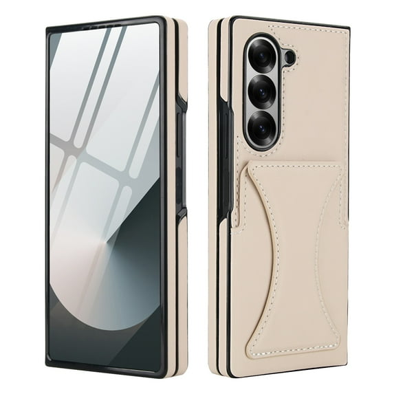 Dteck for Galaxy Z Fold 6 Case with Card Holder & Invisible Stand, Built-in Tempered Glass Screen Protector, PU Leather Full-Body Protection Anti-Slip Case for Samsung Galaxy Z Fold 6,Beige