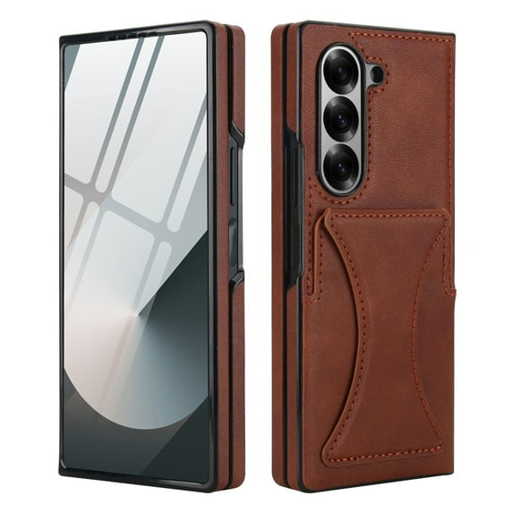 Dteck for Galaxy Z Fold 6 Case with Card Holder & Invisible Stand, Built-in Tempered Glass Screen Protector, PU Leather Full-Body Protection Anti-Slip Case for Samsung Galaxy Z Fold 6,Brown