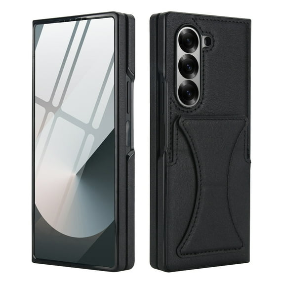 Dteck for Galaxy Z Fold 6 Case with Card Holder & Invisible Stand, Built-in Tempered Glass Screen Protector, PU Leather Full-Body Protection Anti-Slip Case for Samsung Galaxy Z Fold 6,Black