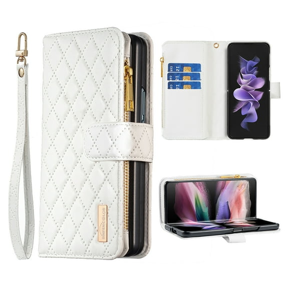 Dteck for Galaxy Z Fold 6 Case Wallet with Card Holder Zipper Pocket, Women Multi-Function Handbag Wallet Case with Wrist Strap for Samsung Galaxy Z Fold6 5G,White