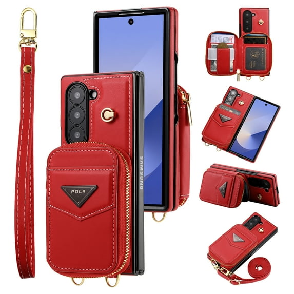 Dteck for Galaxy Z Fold 6 Crossbody Wallet Case, Card Holder Phone Case for Women, Zipper Leather Purse with Wrist Strap, Protective Back Cover for Samsung Galaxy Z Fold 6,Red