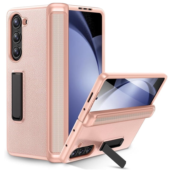 Dteck for Galaxy Z Fold 6 Phone Case with Kickstand, Full Body Case with Built-in Screen Protector & Magnetic Hinge Protection PU Leather Protective Cover for Samsung Galaxy Z Fold 6 5G,Gold