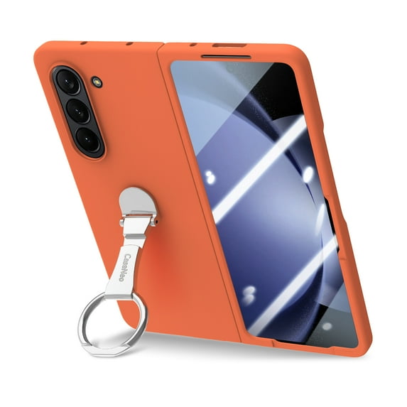 Dteck for Galaxy Z Fold 7 Case with Built-in Screen Protector, Metal Ring Holder Stand Shockproof Slim Hard PC Protective Phone Cover for Samsung Galaxy Z Fold7,Orange