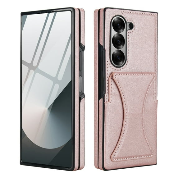 Dteck for Galaxy Z Fold 7 Case with Card Holder & Invisible Stand, Built-in Tempered Glass Screen Protector, PU Leather Full-Body Protection Anti-Slip Case for Samsung Galaxy Z Fold 7,Rosegold