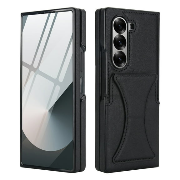Dteck for Galaxy Z Fold 7 Case with Card Holder & Invisible Stand, Built-in Tempered Glass Screen Protector, PU Leather Full-Body Protection Anti-Slip Case for Samsung Galaxy Z Fold 7,Black