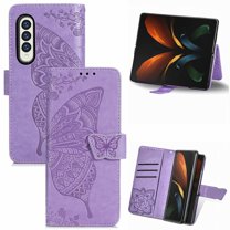Dteck Galaxy Z Fold3 5G 7.6-inch Case,Magnetic Butterfly Pattern Leather Card Holder Wallet Case Kickstand Anti-Scratch Shookproof Protection Strap Cover for Samsung Galaxy Z Fold3 5G,Lightpurple