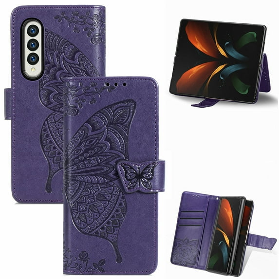 Dteck Galaxy Z Fold3 5G 7.6-inch Case,Magnetic Butterfly Pattern Leather Card Holder Wallet Case Kickstand Anti-Scratch Shookproof Protection Strap Cover for Samsung Galaxy Z Fold3 5G,Purple