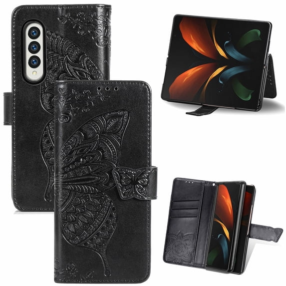 Dteck Galaxy Z Fold3 5G 7.6-inch Case,Magnetic Butterfly Pattern Leather Card Holder Wallet Case Kickstand Anti-Scratch Shookproof Protection Strap Cover for Samsung Galaxy Z Fold3 5G,Black
