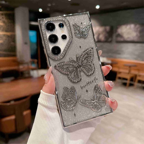 Dteck Glitter Case for Samsung Galaxy S24 Plus, Cute 3D Butterfly Pattern Plating Bling Case,Camera Protection Sparkly Slim Soft Back Cover for Women Girls, Silver
