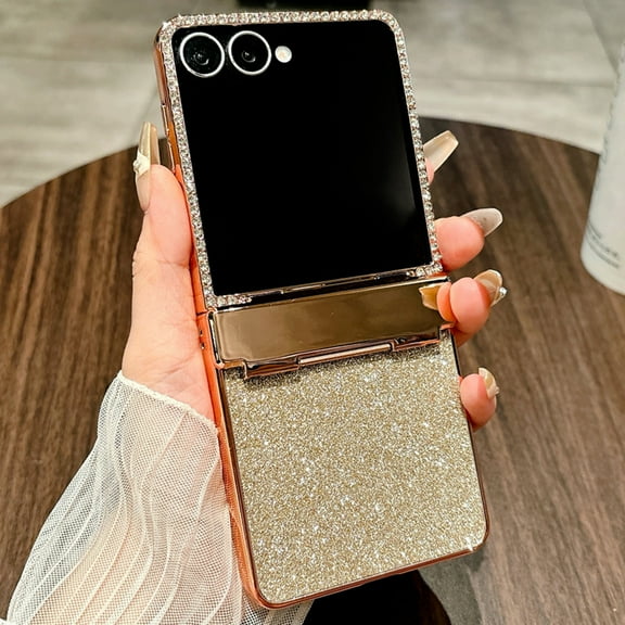Dteck Glitter Case for Samsung Galaxy Z Flip 7 with Hinge Protection, Shockproof Hard PC Luxury Diamonds for Samsung Z Flip 7 Cover, Sparkle for Galaxy Flip 7 Case Women Girls,Gold