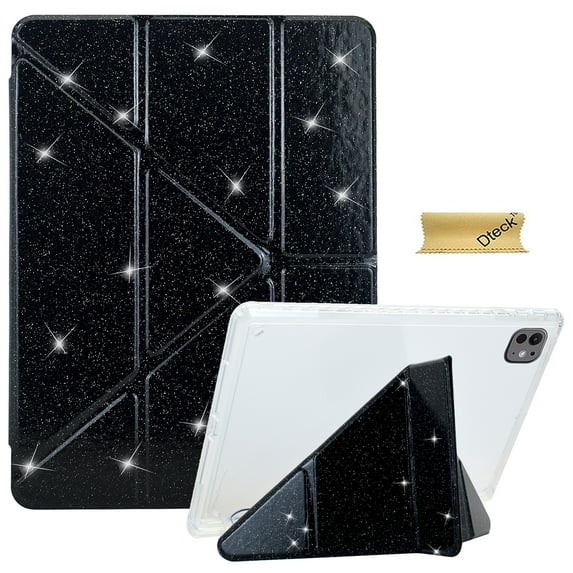 Dteck Glitter Case for iPad Pro 13" M4 2024 with Pencil Holder, Sparkle Glitter Leather Trifold Stand Cover with Clear TPU Back for Women Girls,Black