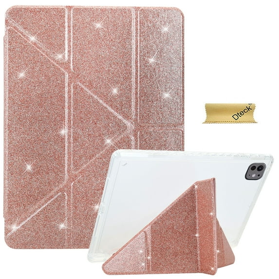 Dteck Glitter Case for iPad Pro 13" M4 2024 with Pencil Holder, Sparkle Glitter Leather Trifold Stand Cover with Clear TPU Back for Women Girls,Rosegold