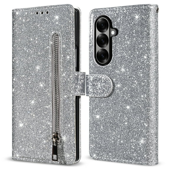 Dteck Glitter Wallet Case for Samsung Galaxy Z Fold 7, Sparkly Luxury PU Leather Flip Folio Kickstand Cover Zipper Pocket Women Purse Protective Case with Card Holder & Detachable Wrist Strap, Silver