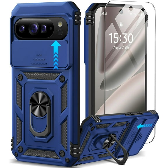 Dteck for Google Pixel 10 Pro XL Case with Screen Protector & Slide Camera Lens Cover,Built-in 360°Rotate Magnetic Ring Stand Shockproof Protective Phone Case for Pixel 10 Pro XL,Blue