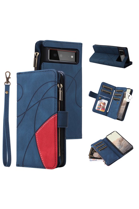 Google Pixel 6 (2021) 6.4" Wallet Phone Case with 9 Card Holder Zipper Coin Wallet Cash Slot Lanyard Flip Leather Flip Folio Protective Cover,Blue