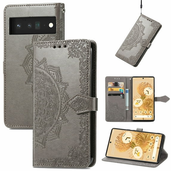 Dteck for Google Pixel 6 5G 2021 Wallet Case,Embossed Mandala Floral Leather Folio Flip Wristlet Shockproof Protective ID Credit Card Slots Holder Cover for Google Pixel 6 5G, Gray