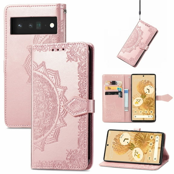 Dteck for Google Pixel 6 5G 2021 Wallet Case,Embossed Mandala Floral Leather Folio Flip Wristlet Shockproof Protective ID Credit Card Slots Holder Cover for Google Pixel 6 5G, Rosegold