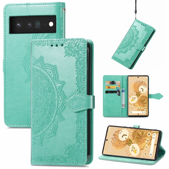 Dteck for Google Pixel 6 5G 2021 Wallet Case,Embossed Mandala Floral Leather Folio Flip Wristlet Shockproof Protective ID Credit Card Slots Holder Cover for Google Pixel 6 5G, Green