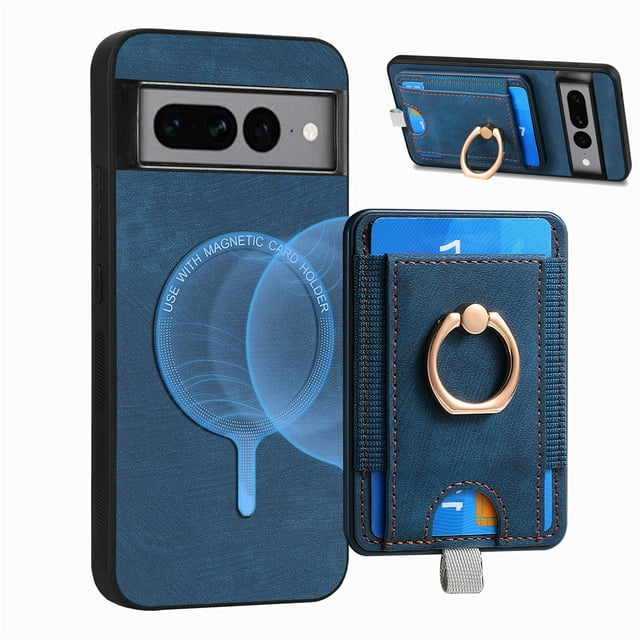 Dteck for Google Pixel 6 Case, 2 in 1 Magnetic Wallet with Phone Grip, Compatible with MagSafe, Detachable Premium PU Leather Magnetic Case with Card Slots Ring Holder,Blue