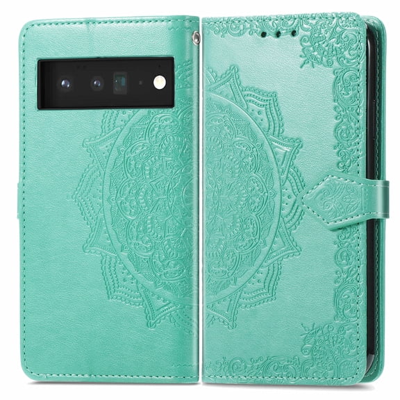 Dteck for Google Pixel 6 Pro 5G 2021 Wallet Case, Embossed Mandala Floral Leather Folio Flip Wristlet Shockproof Protective ID Credit Card Slots Holder Cover for Google Pixel 6 Pro 5G, Green