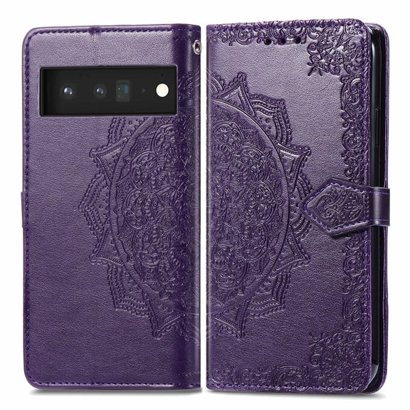 Dteck for Google Pixel 6 Pro 5G 2021 Wallet Case, Embossed Mandala Floral Leather Folio Flip Wristlet Shockproof Protective ID Credit Card Slots Holder Cover for Google Pixel 6 Pro 5G, Purple