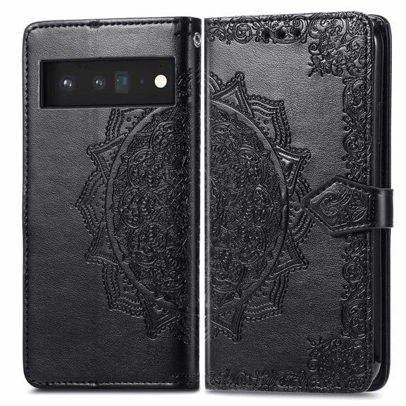 Dteck for Google Pixel 6 Pro 5G 2021 Wallet Case, Embossed Mandala Floral Leather Folio Flip Wristlet Shockproof Protective ID Credit Card Slots Holder Cover for Google Pixel 6 Pro 5G, Black