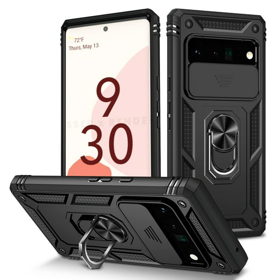 Dteck for Google Pixel 6 Pro Case with Magnetic Ring Holder, Slide Camera Protection Lens Cover Hybrid Rugged Case with Rotating Ring Stand for Google Pixel 6 Pro,Black