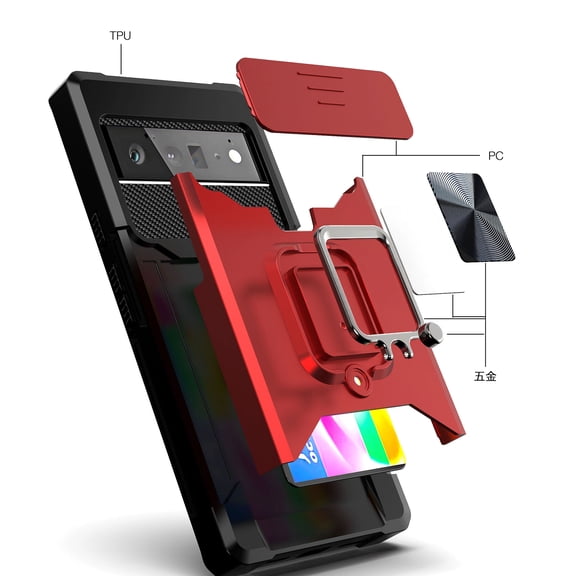 Dteck for Google Pixel 6 Pro Case with Slide Camera Cover Ring Kickstand Heavy Duty Shockproof Impact-Resistant, Slide Lens Cover+Rotate Ring Stand+Card Holder Armor Protective, red