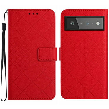 Dteck for Google Pixel 6 Pro Magnetic Case, Premium PU Leather Folio Flip Wallet Case with Card Holder Cash Slot Lanyard Strap Kickstand Function Embossed Pattern Slim Shockproof Cover, red