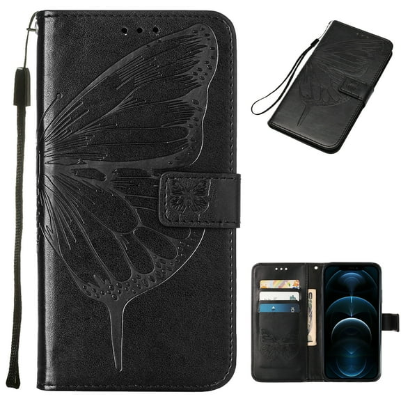 Dteck Google Pixel 6 Wallet Case, Magnetic Closure Flip PU Leather Wrist Strap Credit Card Holder Slots With Kickstand Butterfly Patterned Shockproof Cover For Google Pixel 6, Black