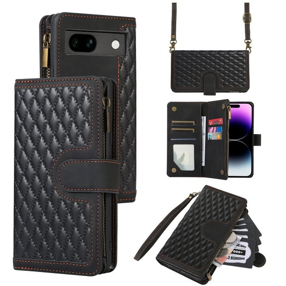 Dteck for Google Pixel 6A Case, iPhone XR Wallet Case with 9 Card Slots, PU Leather Magnetic Flip Zipper Purse Wristlet Strap Crossbody Lanyard Kickstand Phone Case 6.1 Inch,Black