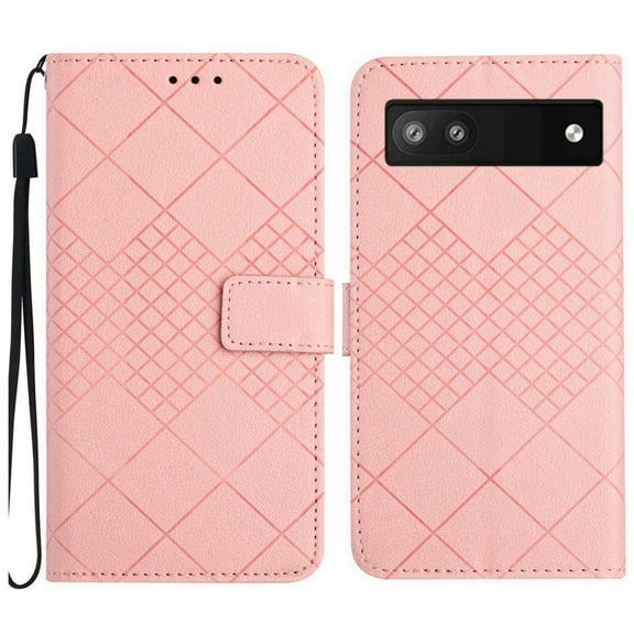 Dteck for Google Pixel 6A Magnetic Case, Premium PU Leather Folio Flip Wallet Case with Card Holder Cash Slot Lanyard Strap Kickstand Function Embossed Pattern Slim Shockproof Cover, pink