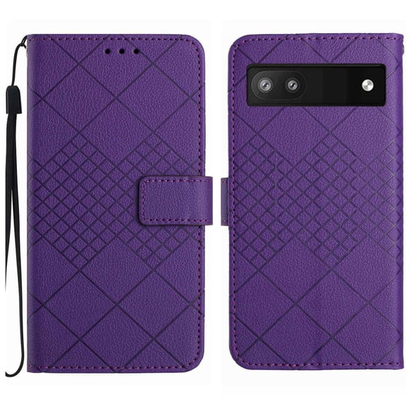 Dteck for Google Pixel 6A Magnetic Case, Premium PU Leather Folio Flip Wallet Case with Card Holder Cash Slot Lanyard Strap Kickstand Function Embossed Pattern Slim Shockproof Cover, purple