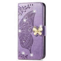 Dteck for Google Pixel 6a Case Wallet for Women, Flip Folio Cover with Butterfly Embossed Diamond PU Leathe Stand Card Holder Protective Case with Wrist Strap,Purple