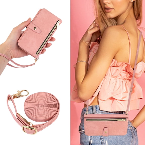 Dteck for Google Pixel 6a Wallet Case, Magnetic 9 Card Slots Removable Adjustable Crossbody Lanyard Shoulder Strap Wristlet Zipper PU Leather Folio Case,Pink