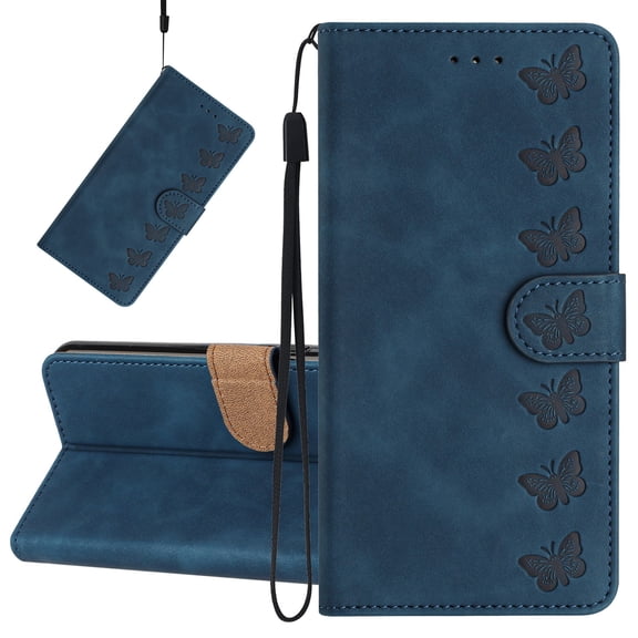 Dteck for Google Pixel 7 Case with Card Holder, [Kickstand][Wrist Strap][Card Holder Slots] Butterfly Floral Embossed PU Leather Flip Cover for Google Pixel 7,Blue