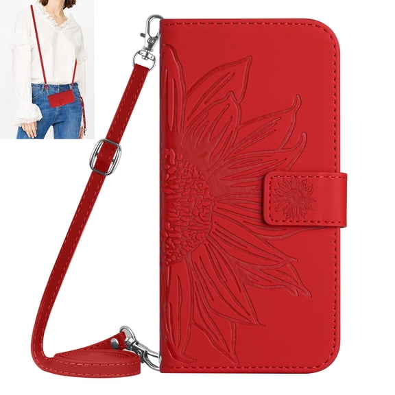 Dteck for Google Pixel 7 Case, Crossbody Wallet Phone Case Embossed Flower PU Leather with Card Holder, Magnetic Closure Flip Folio Case with Lanyard,Red