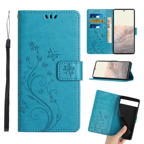 Dteck for Google Pixel 7 Case, Magnetic Closure Wallet RFID Blocking Premium Leather with Card Slots Stand Folio Flip Emboss Wrist Strap Cover for Google Pixel 7 5G (2022), Blue