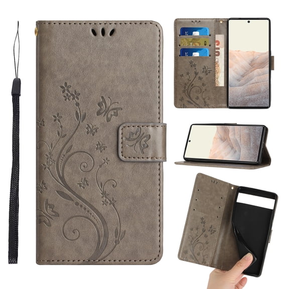 Dteck for Google Pixel 7 Case, Magnetic Closure Wallet RFID Blocking Premium Leather with Card Slots Stand Folio Flip Emboss Wrist Strap Cover for Google Pixel 7 5G (2022), Gray
