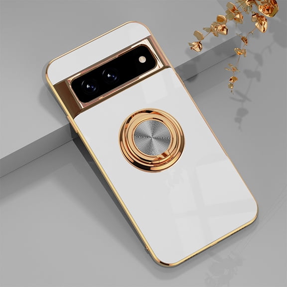 Dteck for Google Pixel 7 Case with Ring Kickstand, Magnetic Compatible Car Mount, Soft TPU Shockproof Electroplated Protective Phone Case for Google Pixel 7, White