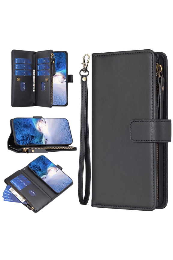 for Google Pixel 7 Magnetic Wallet Case, RFID Blocking Wallet Case for Women and Men with 9 Credit Card Holder Zipper Handbag Pocket PU Leather Protective Cover Case, black