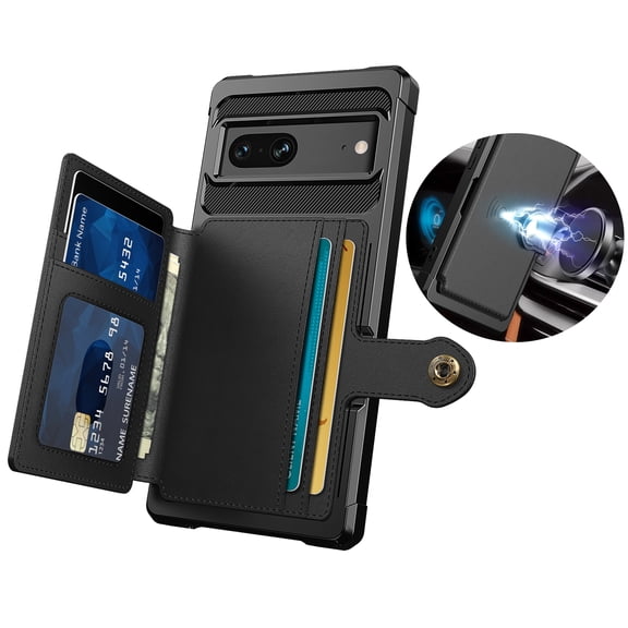 Dteck for Google Pixel 7 Phone Case, Rugged Shockproof Silicone Bumper PU Leather Back Cover with Flip Card Holder Wallet Protective Case for Google Pixel 7,Black