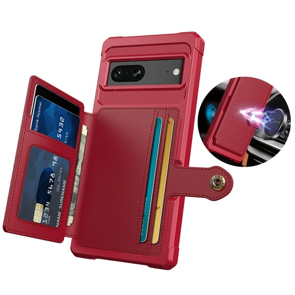 Dteck for Google Pixel 7 Phone Case, Rugged Shockproof Silicone Bumper PU Leather Back Cover with Flip Card Holder Wallet Protective Case for Google Pixel 7,Red